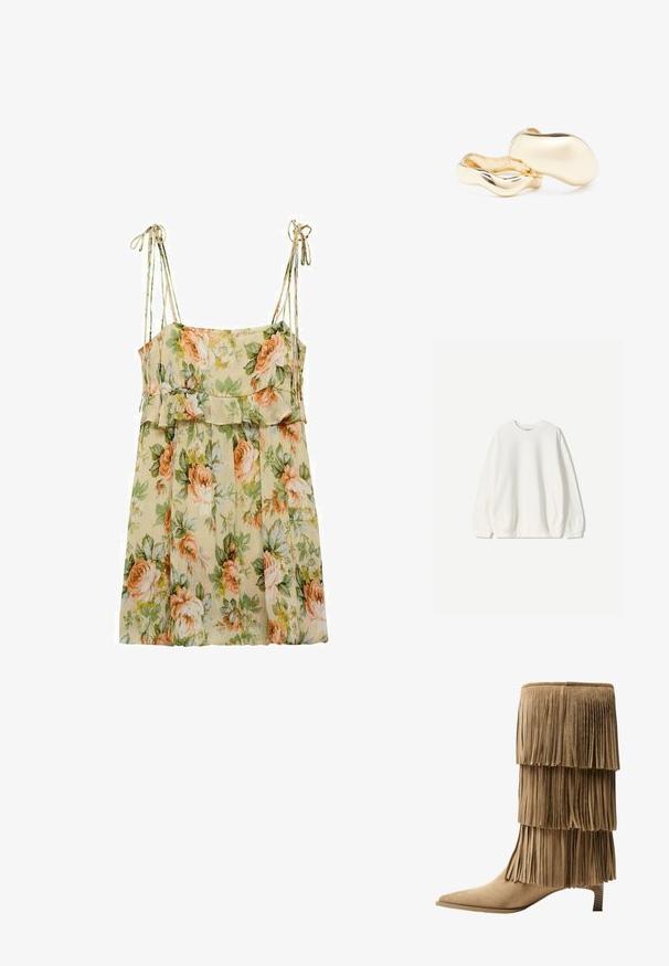 Bershka Bluză de molton - white; Rochie florală de vară în bej deschis, cu trandafiri piersică și verzi. Dispune de bretele subțiri, o talie volanată și o croială lejeră și fluidă.; Botine cu fringuri până la gleznă, din suede crem, cu trei straturi de fringuri. Vârf ascuțit și toc mic. Textură netedă pe întreaga suprafață.; Cercei de culoare aurie cu o formă organică, asemănătoare unui bob, și o suprafață netedă, reflectantă; prezintă un design minimalist, fără hardware vizibil.