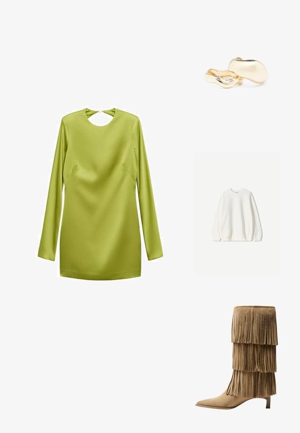 Bershka Sweatshirt - white; Minikleid mit langen Ärmeln aus leuchtend grünem Satin, ausgestattet mit einem runden Schlüssel-Ausschnitt und Seitennahtdetails. Glatte Textur und eine elegante Silhouette.; Fransen-Stiefelette aus taupefarbenem Wildleder mit drei Lagen Fransen. Spitz zulaufende Zehenpartie und ein niedriger Blockabsatz. Durchgehend glatte Oberfläche.; Goldfarbene Ohrringe mit einer organischen, bohnenähnlichen Form und glatter, reflektierender Oberfläche; verfügen über ein minimalistisches Design ohne sichtbare Hardware.