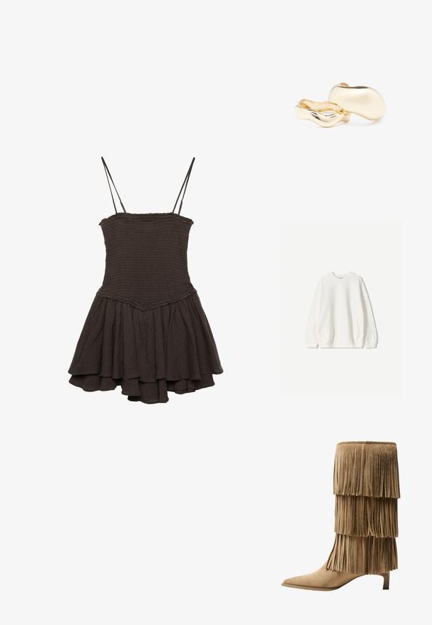 Bershka Sportska majica - white; Crna haljina bez rukava s uskim korzetom, naboranom teksturom i raširenom, slojevitom suknjom koja ima volanasti rub.; Kratka čizma od tan sueda s tri sloja rese. Oštri vrh i niska blok peta. Glatka tekstura kroz cijelu čizmu.; Zlatne naušnice organskog, zrnastog oblika s glatkom, reflektirajućom površinom; imaju minimalistički dizajn bez vidljivih dijelova.