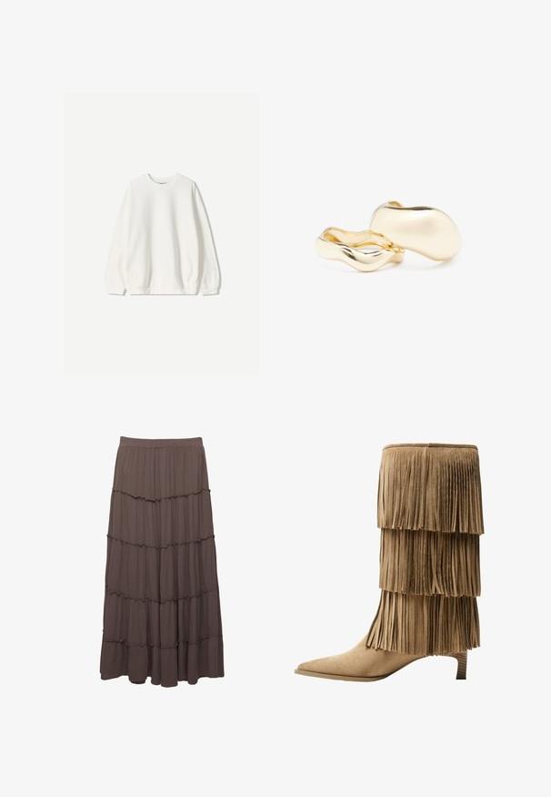 Bershka Mikina - white; Hnědá maxi sukně s vrstvením vyrobená z lehké látky. Obsahuje tři horizontální volány a elastický pas pro pohodlí.; Pohodlné kotníkové boty v hnědé nubukové kůži s třemi vrstvami třásní. Špičatá špička a nízký blokový podpatek. Hladký povrch po celé délce.; Náušnice zlaté barvy s organickým, fazolovitým tvarem a hladkým, lesklým povrchem; mají minimalistický design bez viditelného kování.