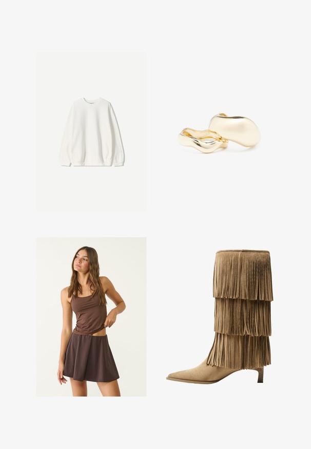 Bershka Sweatshirt - white; Braunes Trägershirt und passender Schlagrock, aus weichem, leichtem Stoff gefertigt. Das Oberteil hat dünne Träger und eine figurbetonte Silhouette.; Fransen-Stiefelette aus taupefarbenem Wildleder mit drei Lagen Fransen. Spitz zulaufende Zehenpartie und ein niedriger Blockabsatz. Durchgehend glatte Oberfläche.; Goldfarbene Ohrringe mit einer organischen, bohnenähnlichen Form und glatter, reflektierender Oberfläche; verfügen über ein minimalistisches Design ohne sichtbare Hardware.