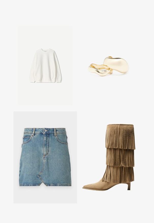 Bershka Bluză de molton - white; Fustă din denim de culoare albastru deschis, cu tiv brut și buzunar oblic în față, având cusături de contrast și un sistem de închidere cu un singur buton la talie.; Botine cu fringuri până la gleznă, din suede crem, cu trei straturi de fringuri. Vârf ascuțit și toc mic. Textură netedă pe întreaga suprafață.; Cercei de culoare aurie cu o formă organică, asemănătoare unui bob, și o suprafață netedă, reflectantă; prezintă un design minimalist, fără hardware vizibil.