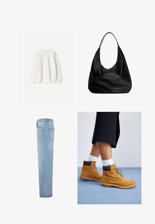 Bershka Collegepaita - white; Tummanharmaa lyhythihainen paita, jossa on venepääntie. Valmistettu ribbikankaasta, jossa on rento istuvuus ja siisti helmaviimeistely. Yksinkertainen muotoilu, ilman kuvioita.; Vaaleansiniset suorat farkut korkealla vyötäröllä ja näkyvällä takataskulla, esitelty sivuprofiilista valkoista taustaa vasten.; Tan-suede nilkkurit ruskeilla nahkaakkosilla, kultaisilla silmukoilla ja tekstuuripohjalla. Valkoiset sukat näkyvät kenkien yläpuolella.; Musta nahkainen hobo-laukku, jossa on löysä muotoilu, leveä olkahihna ja sileä pinta. Sisältää yhden vetoketjukiinnityksen sivussa.