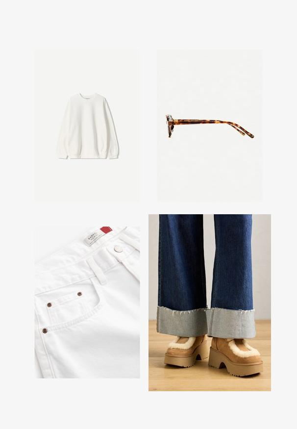Bershka Sweater - white; Witte katoenen t-shirt met korte mouwen en een ronde hals. Eenvoudig ontwerp, losse pasvorm, gladde textuur. Geen patronen of accenten zichtbaar.; Witte denim shorts met een mid-rise ontwerp, vijf-pocket stijl en koperen hardware accenten. Textuurstof met gestikte details.; Bruine suède platformlaarzen met een crèmekleurige bontvoering, gecombineerd met wijde denimspijkerbroeken met rafelige zoom en een lichte denimmanchet.; schildpadbril met een dikke rand, licht gebogen scharnieren en een soepele textuur. Beschikt over een klassiek ontwerp met een glanzende afwerking.