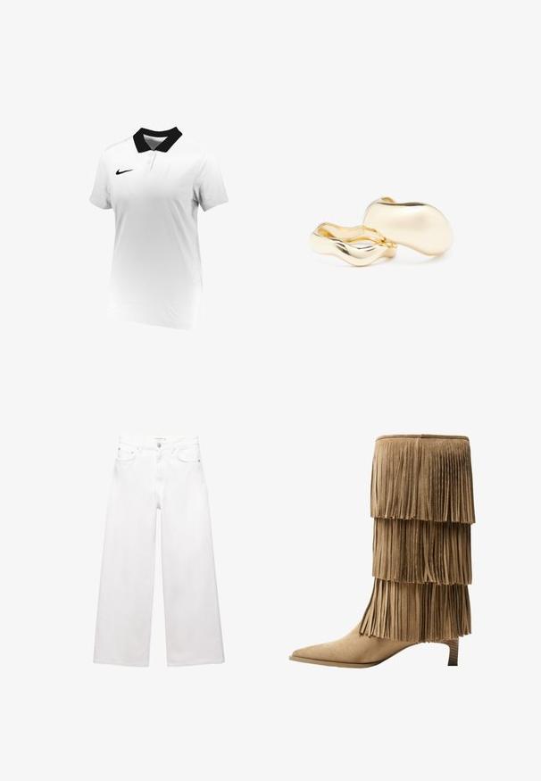 Bershka Sweater - white; Witte Nike poloshirt met een zwarte kraag, korte mouwen, een knoopsluiting met twee knopen en een klein zwart swoosh-logo op de linker borst.; Witte wijde jeans van katoen, met een hoge taille, vijf-pocket ontwerp en koperen hardware accenten. Glad, niet-gedistressed textuur.; Franje enkellaars in tan suède met drie gelaagde franjes. V pointed toe en een lage blokhak. Gladde textuur overal.; Gouden oorbellen met een organische, boonachtige vorm en een glad, reflecterend oppervlak; ze hebben een minimalistisch ontwerp zonder zichtbare bevestigingsmiddelen.