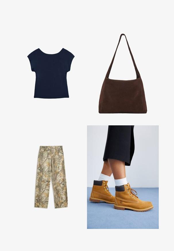 Bershka Sweatshirt - white; Marineblaue Kurzarmbluse mit weitem Ausschnitt und lockerer Passform. Glatte Textur, hüftlanger Schnitt und keine sichtbaren Muster oder Beschläge.; Tarnhosen mit einem mehrfarbigen grünen und braunen Blättermuster, ausgestattet mit einem klassischen Fünf-Taschen-Design und einem lockeren Schnitt.; Sandfarbene Wildlederschuhe mit braunen Lederakzenten, goldenen Ösen und einer strukturierten Sohle. Weiße Socken, die über den Stiefeln sichtbar sind.; Braune Wildleder-Umhängetasche mit einem lässigen Schnitt, einem breiten Trageriemen und einem schlichten Design. Zeigt sichtbare Nähte entlang der Kanten.