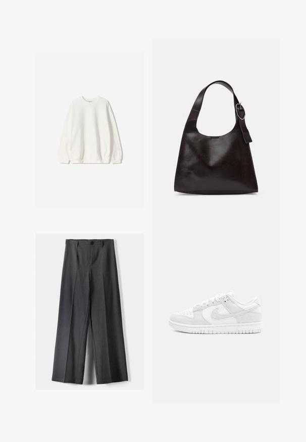 Bershka Sportska majica - white; Hlače širokih nogavica od tamnosive tkanine, s kopčanjem na gumb, prednjim plisiranjima i petljama za remen. Glatka tekstura s krojem.; Bijele Nike tenisice s mješavinom teksturirane kože i brušene kože, niskog kroja, okruglog vrha i gumene potplate s uzorkom.; Smeđa kožna torba preko ramena s glatkom teksturom, zaobljenim oblikom, širokim remenom i kružnim metalnim akcentom na ručki.