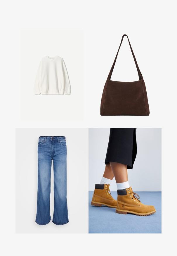 Bershka Sweatshirt - white; Ljust blå denimbyxor med vida ben, hög midja och rå nederkant. Har fem fickor, bälteshällor och subtila blekningar på tyget.; Bruna mockalättstövlar med bruna läderdetaljer, gyllene öglor och en texturerad sula. Vita strumpor synliga ovanför stövlarna.; Brun mockaskinnsaxelväska med en avslappnad form, en bred rem och enkel design. Har synliga stygn längs kanterna.