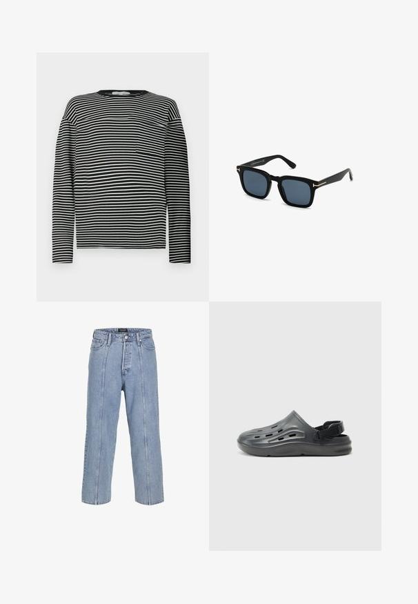 Long-sleeve striped shirt in black and white, featuring a rounded neckline and a small chest pocket on the left side. Smooth cotton fabric.; Light blue denim jeans with a loose fit, wide legs, and visible stitching details. Features a button and zip fly closure, five pockets.; Black molded plastic clogs with ventilation holes and a rear strap, featuring a smooth surface and rounded shape for comfort.; Black square sunglasses with dark lenses, matte finish, and gold metal accents on the temple, featuring a minimalist design.