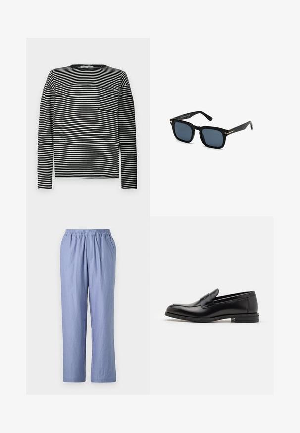 Koszula z długim rękawem w czarno-białe paski, z okrągłym dekoltem i małą kieszonką na lewej stronie. Gładki materiał bawełniany.; Jasnoniebieskie, luźne spodnie z elastycznym paskiem w talii, dwiema bocznymi kieszeniami i prostymi nogawkami. Wykonane z miękkiego materiału o gładkiej fakturze.; Czarne skórzane mokasyny o gładkiej fakturze, zaokrąglonym nosku i dekoracyjnym pasku na przodzie. Niski, warstwowy obcas, minimalistyczny design.; Czarne kwadratowe okulary przeciwsłoneczne z ciemnymi soczewkami, matowym wykończeniem i złotymi metalowymi akcentami na zausznikach, charakteryzujące się minimalistycznym designem.