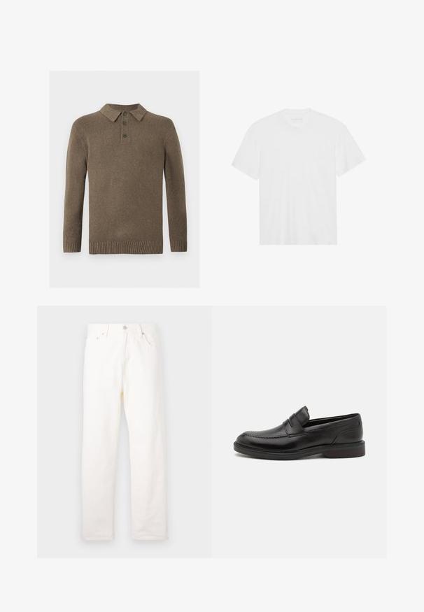 Pull en maille brun à manches longues avec trois boutons foncés et des poignets et un ourlet côtelés, présenté sur un fond blanc.; T-shirt en coton blanc à manches courtes, col rond et ourlet droit. Texture lisse, design minimaliste sans motifs ni accents.; Jean en denim blanc avec une coupe droite, comportant des poches avant, une fermeture à bouton en métal et des détails de couture classique.; Mocassins en cuir noir avec un détail de couture à l'avant, deux sangles horizontales sur le dessus, et un talon en bois. Texture lisse et forme arrondie.