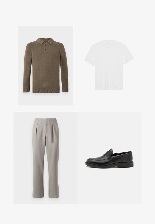 Maglione polo a maniche lunghe in maglia marrone con tre bottoni scuri e polsini e orlo a coste, esposto su uno sfondo bianco.; T-shirt bianco in cotone con maniche corte, scollatura a girocollo e orlo dritto. Tessuto liscio, design minimalista senza motivi o dettagli.; Pantaloni grigi su misura con una texture liscia, caratterizzati da pieghe davanti, passanti per cintura e gambe dritte. Il materiale sembra strutturato e leggero.; Mocassini neri in pelle con dettagli cuciti sulla punta, doppie cinghie orizzontali sul vamp e tacco in legno. Texture liscia e forma arrotondata.