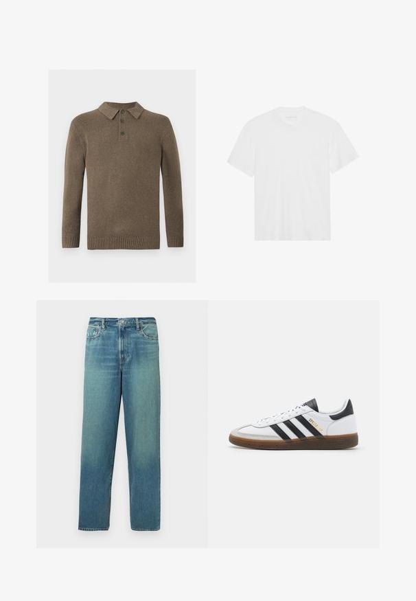 Pulôver de malha castanho com mangas compridas e gola polo, com três botões escuros e punhos e bainha canelados, apresentado sobre um fundo branco.; T-shirt de algodão branco com mangas curtas, decote redondo e bainha reta. Textura suave, design minimalista sem padrões ou detalhes.; Jeans de ganga, azul claro com efeito desbotado, design de perna reta, layout padrão de cinco bolsos, fecho com botão de latão e fecho de correr.; Sapatilha branca em pele com detalhes em camurça preta, três riscas pretas, sola de borracha bege e marcação em dourado "SPEZIAL" na lateral.