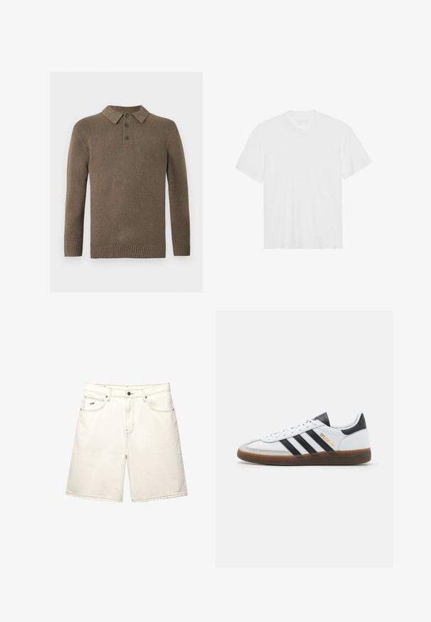 Barna kötött, hosszú ujjú polo pulóver három sötét gombbal, bordás mandzsettával és szegéllyel, fehér háttér előtt bemutatva.; Fehér pamut póló rövid ujjakkal, kerek nyakkivágással és egyenes aljjal. Sima textúra, minimalista dizájn minta vagy díszítés nélkül.; Fehér farmer rövidnadrág egyenes szabással, öt zsebbel és látható varrással. Elöl gombos záródással rendelkezik és egy kis márkafelirat található az oldalon.; Fehér bőr sportcipő fekete velúr részletekkel, három fekete csíkkal, bézs gumi talppal és arany "SPEZIAL" felirattal az oldalon.