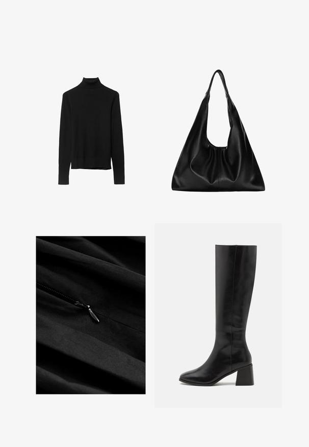 Musta poolapüksi kootud pehmest kangast. Omab pikki varrukaid ja õiget kujundust sirge allääriga.; Musta kangas, jossa on sileä pinta ja näkyvä vetoketju. Vetoketjussa on metallinen vetotappi, joka sulautuu hienovaraisesti tummaan materiaaliin.; ONLY SHOES ONLBIJOU KNEE HIGH BOOT - Saappaat - black; Mustalla nahka hobo-laukku, jossa on pehmeä, kaareva muoto. Varustettu leveällä yläkahvalla ja poimuilla pohjassa, mikä antaa rennon tekstuurin.