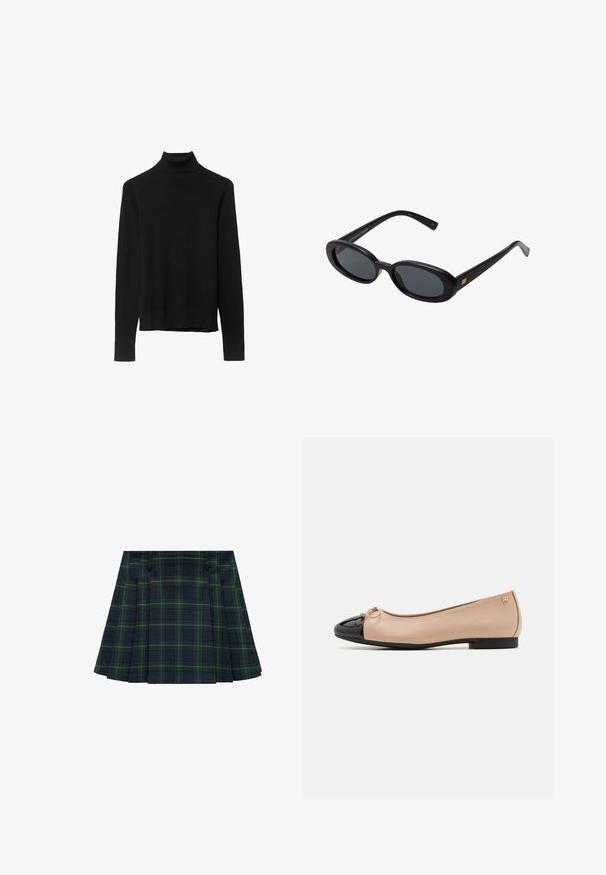 Maglione a collo alto di colore nero realizzato in morbido tessuto a maglia. Presenta maniche lunghe e un design aderente con orlo diritto.; Gonna plissettata a quadri verde e blu navy con due tasche laterali frontali e un orlo dritto. Realizzata in un tessuto dalla consistenza liscia e dal design strutturato.; Ballerine con upper in satin beige, punta in vernice nera, piccolo fiocco sul davanti e tacco basso nero.; Occhiali da sole neri oversize con lenti ovali, montatura in plastica liscia e accenti dorati sulle tempie. Le lenti scure offrono protezione dal sole.
