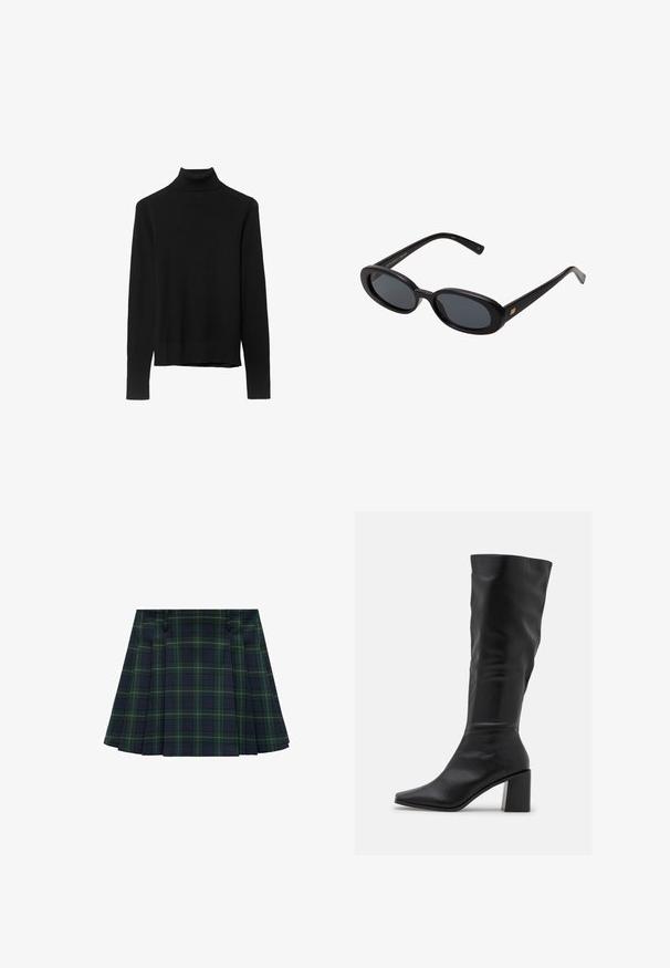 Črna pulover majica z visoko ovratnikom, izdelana iz mehkega pletenega materiala. Ima dolge rokave in prilegajočo se zasnovo s ravnim robom.; Zelena in mornarsko modra karirana plisirana krila z dvema stranskima žepoma in ravnim robom. Narejena iz tkanine z gladko teksturo in strukturiranim dizajnom.; RAID BLICK - Škornji - black; Črne oversize sončne očala z ovalnimi lečami, gladkim plastičnim okvirjem in zlatenimi detajli na templjih. Temne leče zagotavljajo zaščito pred soncem.