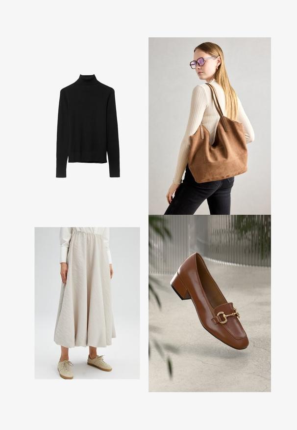 Pull à col roulé noir en tricot doux. Présente des manches longues et un design ajusté avec un ourlet droit.; Jupe beige clair, arrivant au genou, en tissu texturé, avec une taille élastique, associée à des baskets beiges pour un look décontracté.; Mocassin en cuir verni marron avec un bout carré, accent de chaîne métallique et petit talon carré ; texture lisse, design minimaliste.; Sac fourre-tout en daim marron avec une texture douce, grande ouverture et longues sangles. Présente un design simple avec des coutures visibles et sans matériel.