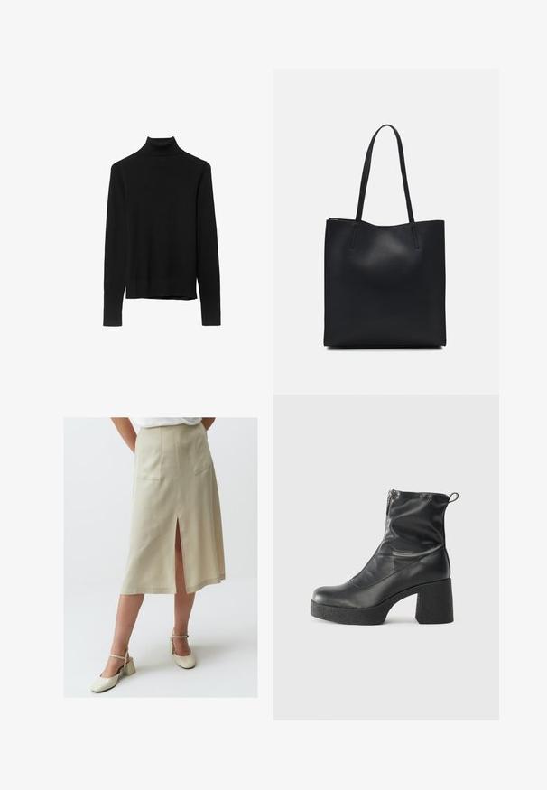 Schwarzer Rollkragenpullover aus weichem Strickstoff. Mit langen Ärmeln und einer engen Passform sowie einem geraden Saum.; Jimmy Key A-Linien-Rock - taş; Schwarze Stiefeletten aus glattem Leder mit seitlichem Reißverschluss, klobigem strukturiertem Absatz und runder Zehenform.; Schwarze Laptoptasche aus Leder mit glatter Textur, rechteckiger Form und zwei langen Griffen. Keine sichtbaren Beschläge oder Verzierungen.