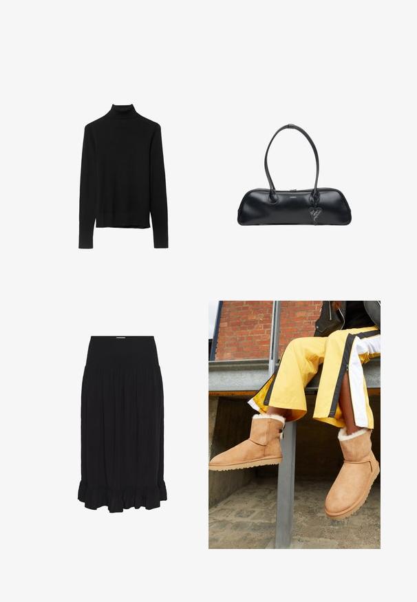 Black turtleneck sweater made of soft knit fabric. Features long sleeves and a fitted design with a straight hemline.; Black midi skirt with a smocked waistband, made of lightweight fabric, featuring pleats and a ruffled hem for added detail.; Tan suede ankle boots with fluffy inner lining and flat rubber soles, displayed alongside yellow athletic pants with black and white stripes.; Black leather handbag with two handles, oval shape, smooth texture, subtle branding, and a heart-shaped tag attached.; Black gloves made of sheer fabric featuring textured floral and circular patterns. Long design with a smooth finish and tag detail on one glove.