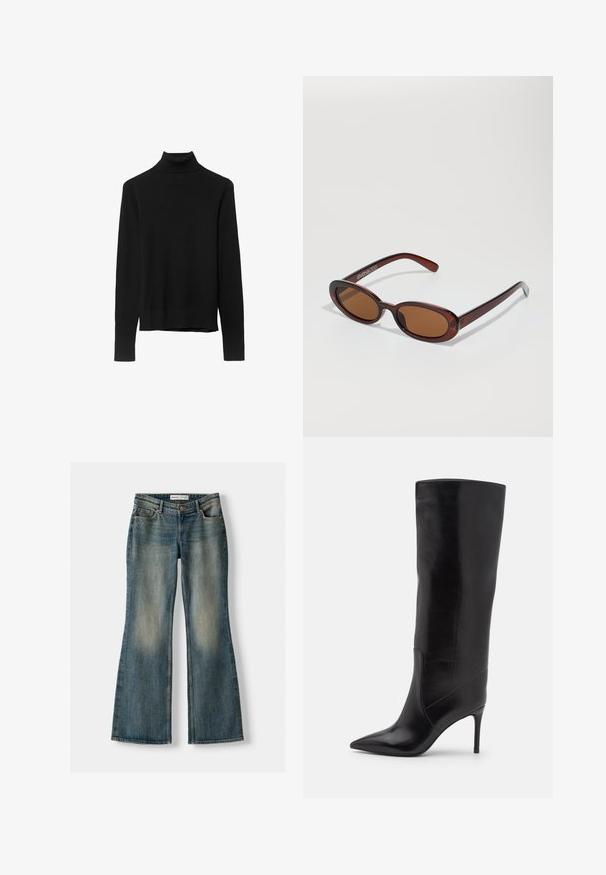 Čierny rolák vyrobený z mäkkej pleteniny. Má dlhé rukávy a priliehavý strih s rovnou spodnou líniou.; Modré vyšívané džínsy s vyblednutým vzhľadom, piatimi vreckami a zapínaním na gombík. Materiál zobrazuje denimovú textúru s jemnými švovými detailmi.; Jeffrey Campbell ARSEN - Čižmy - black; Okrúhle slnečné okuliare s hnedým nádychom a lesklým burgundským rámom. Úzke ramená s jemným brandovaním. Plochej šošovky dizajn.; Čierna kožená taška s dlhými uchami, hladká textúra, obdĺžnikový tvar, minimalistický dizajn a vytlačené logo na prednej strane.