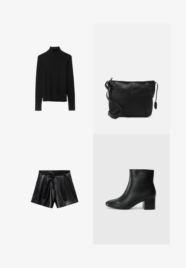 Sort turtleneck sweater lavet af blød strikket stof. Har lange ærmer og et tætsiddende design med en lige kant.; Sorte lædershorts med høj talje, plissee foran og sidelommer. Glat tekstur med en poleret finish.; Sorte læder ankelstøvler med spids tå og en kraftig hæl. Glat tekstur med minimale detaljer og et slankt, tætsiddende design.; Sort læder crossbody taske med flad form, guld hardware detaljer og justerbar skulderrem. Glat tekstur med minimale syninger.