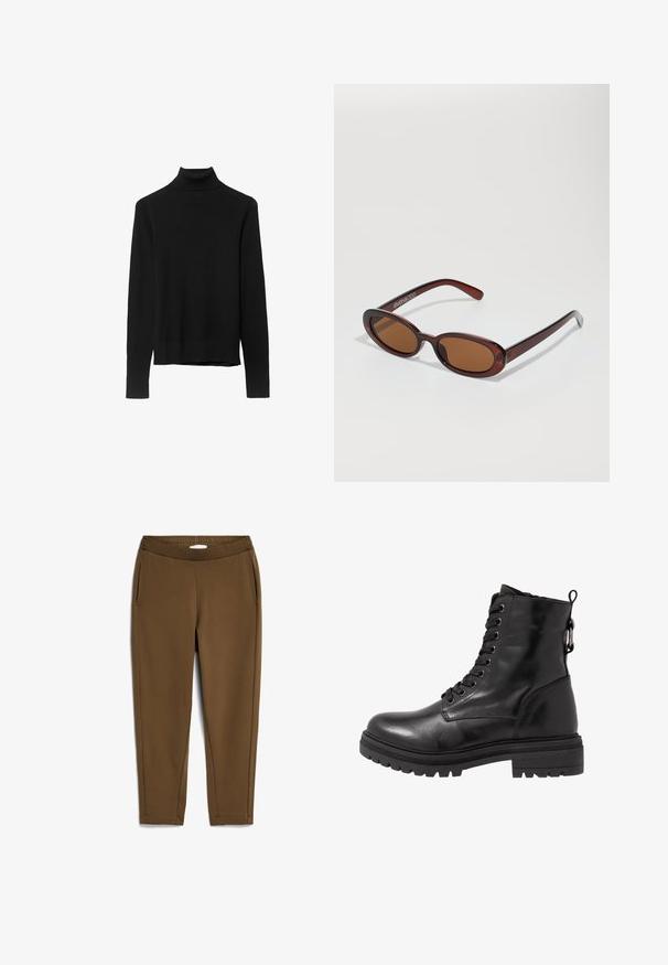 Zwarte coltrui gemaakt van zachte bre knit stof. Kenmerken zijn lange mouwen en een getailleerd ontwerp met een rechte zoom.; ARMEDANGELS MAGDAA - Broek - dried moss; Zwarte leren enkelboot met ronde neus, vetersluiting aan de voorkant en een getextureerde rubberen zool. Hij heeft een lus aan de achterkant en versterkte stiksels.; Ronde, bruin getinte zonnebril met een glanzend bordeauxrood frame. Slanke pootjes met subtiele merkdetails. Vlakke lensontwerp.; Bruine lederen handtas met een gestructureerd ontwerp. Voorzien van een voorflap, dubbele handvaten, een verwijderbare schouderband en een bloemen sjaal die aan één kant is vastgebonden.