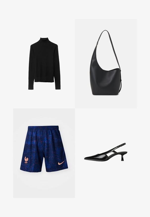 Črna pulover majica z visoko ovratnikom, izdelana iz mehkega pletenega materiala. Ima dolge rokave in prilegajočo se zasnovo s ravnim robom.; Nike športne kratke hlače v mornarsko modri z rdečim in modrim pikastim vzorcem, z roza petelinom logotipom in roza Nike swooshom na strani.; Črne patentični usnjeni salonarji s slingback designom, z zašiljenim nosom, izrezanim stranskim dizajnom in majhnim kvadratnim peto. Gladka tekstura z minimalnimi detajli.; Črna usnjena hobo torba z gladko teksturo, ukrivljeno obliko in eno nastavljivo naramnico; ima širok odprtina na vrhu.