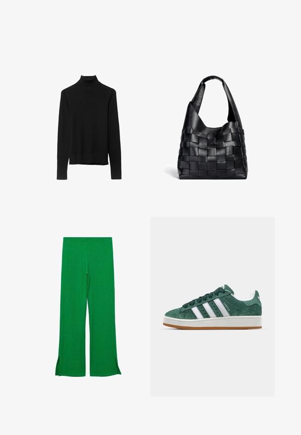 Čierny rolák vyrobený z mäkkej pleteniny. Má dlhé rukávy a priliehavý strih s rovnou spodnou líniou.; Zelené pletené nohavice s textúrovaným vzorom, s širokými nohavicami a bočnými rozparkom na spodnom leme, ktoré zabezpečujú uvoľnený strih.; Zelené semišové tenisky s bielymi koženými pruhmi, gumovou podrážkou, polstrovaným golierom a minimalistickým dizajnom. Obsahujú branding na boku.; Čierna kožená tkaná taška s voľným tvarom a širokým ramenným popruhom. Disponuje textúrovaným, prepleteným dizajnom s hladkým povrchom.