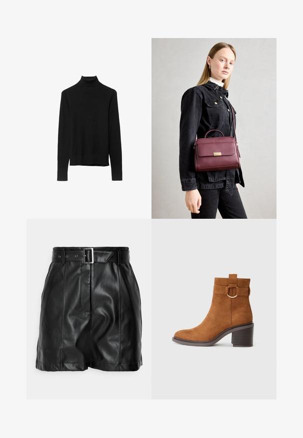 Musta poolapüksi kootud pehmest kangast. Omab pikki varrukaid ja õiget kujundust sirge allääriga.; Mustat nahkahousut, joissa on sileä tekstuuri, korkea vyötärö ja leveä vyö, jossa on suorakulmainen hopea solki. Etupuolella on poimuinen muotoilu.; Ruske rantasaappaat, joissa on pyöreä varvas, vahva korko ja koristeellinen hihna, jossa on pyöreä solkiyksityiskohta.; Burgundin värinen nahkainen käsilaukku, jossa on kultainen solki, jämäkkä muoto, yläkahva ja säädettävä olkahihna. Mallilla on päällä farkkutakki.