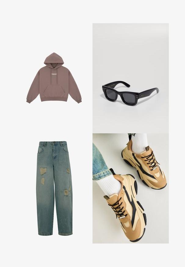 Pullover hoodie in gedempt bruin, met een kangoeroezak, een capuchon met trekkoord en een klein wit logo op de borst. Zachte stofstructuur.; Lichtblauwe denim jeans met een relaxte pasvorm, featuring meerdere versleten plekken en rafelige randen. Klassiek vijf-pocket ontwerp.; Steve Madden POSSESS - Sneakers laag - khaki; Zwarte zonnebril met een glanzende afwerking, rechthoekig frame, donkere lenzen en gouden logo-accenten op de pootjes. Twee gouden stippen op elke voorkant hoek.