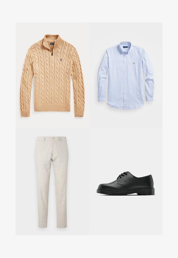 Suéter de punto beige con medio cierre en el cuello, puños y dobladillo acanalados. Presenta un pequeño logotipo azul en el lado izquierdo del pecho.; Camisa de botón a rayas azul claro y blanca, con cuello clásico, mangas largas y un pequeño logo bordado en el pecho.; Pantalones beige claro con un corte recto, hechos de una tela ligera. Presentan un cierre de un solo botón y detalles de costura simples.; Zapato oxford de cuero negro con diseño de cordones, punta redonda, suela de goma plana y un sutil detalle de costura en la parte superior.