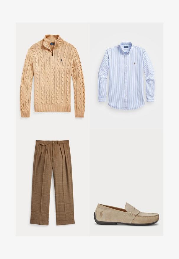 Bežna pletiva pulover s pol-zadrgo, rebrastimi manšetami in robom. Ima majhen modri logotip na levem prsnem delu.; Svetlo modra in bela prugasta srajca z gumbi, klasičnim ovratnikom, dolgimi rokavi in majhnim vezenim logotipom na prsih.; Rjave karo hlače s potiskom in nabrano zasnovo, izdelane iz teksturiranega blaga. Imajo zapenjanje na gumb in ovrnjene robove.; Bež nubuk loafers s šivano podrobnostjo, ravnim gumijastim podplatom in majhnim logotipom ob strani. Klasična zasnova za enostavno obuvanje, mehak material.
