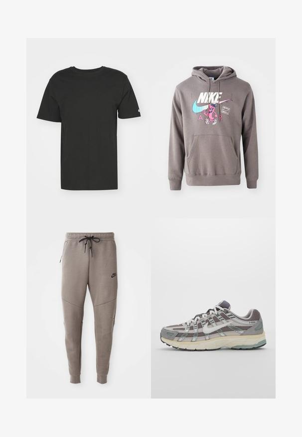 Sivá mikina s kapucňou a predným vreckom, s veľkým bielym logom Nike, ružovou grafiku postavy a svetlomodrými detailmi. Mäkký materiál, nastaviteľná kapucňa.; Čierne tričko vyrobené z jemnej bavlny, s krátkymi rukávmi a okrúhlym výstrihom. Jednoduchý dizajn s malým logom na ľavom rukáve.; Sivé tepláky Nike s nastaviteľným pásom, zúženými nohavicami, bočnými vreckami a výrazným švom. Mäkká, textúrovaná látka.; Šedá športová obuv so zvrškom z nylonu a semišu, bielymi akcentmi, polstrovanou podrážkou a jedinečným dizajnom s reflexnými prvkami.