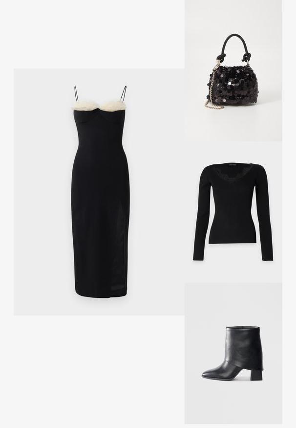 Fekete, hosszú ujjú bordázott felső, V-nyakkivágással és csipke részletekkel. Az anyag textúrája simának és testhez simulónak tűnik, alkalmas réteges megjelenéshez.; Fekete testhez simuló ruha spagetti pántokkal, fehér műszőrme réteggel a nyaklánál és oldalsó hasítékkal. Simább, rugalmas anyag.; Fekete bőr bokacsizma, hegyes orral, sima felülettel és strukturált blokk sarokkal. Magas, hajtott szegéllyel rendelkezik.; Fekete flitteres mini kézitáska csomózott textúrájú pánttal és ezüst lánccal. Lekerekített forma, ráncolt tetejével és fényvisszaverő részletekkel.