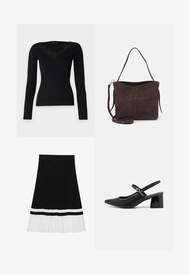 Mustmust pikkade varrukatega ribatud topp, millel on V-kujuline kaelus pitsaktsentidega. Kanga tekstuur tundub siledana ja liibuvalt, sobides kihilise välimuse jaoks.; Mustmustriine seelik tekstuuri disainiga, millel on valge serv ja horisontaalne must riba valge osa ülemineku lähedal.; Mustad läikivad nahast slingback-kõrged kontsad, millel on terav nina, ümar lõikekujundus ja blokknina. Omab kuldset nupu aktsenti.; Pruun nubukist kott pehme tekstuuriga, millel on üks õlavarre rihm ja peene kumer ülemine ava. Nähtavaid metallosi pole.