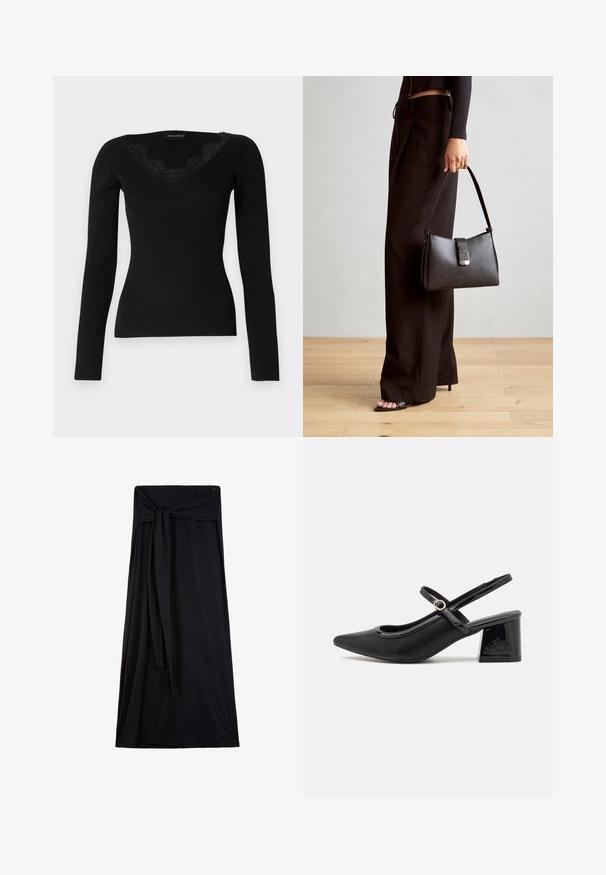 Czarna, długosleeve'owa bluzka z ribbed, z dekoltem w kształcie litery V z koronkowymi akcentami. Tekstura materiału wydaje się gładka i dopasowana, idealna do warstwowych stylizacji.; Czarna max spódnica wykonana z miękkiego, elastycznego materiału. Posiada wiązane wykończenie w talii, swobodny krój oraz długość do kostek.; Czarne lakierowane czółenka na słupku ze spiczastym noskiem, lekko zaokrąglonym wycięciem i obcasem w kształcie bloku. Posiadają złotą klamrę jako akcent dekoracyjny.; Czarna torebka o usztywnionym kształcie, gładkiej fakturze i metalowym zapięciem. Połączona z szerokimi czarnymi spodniami i sandałami na otwartym palcu na drewnianej podłodze.