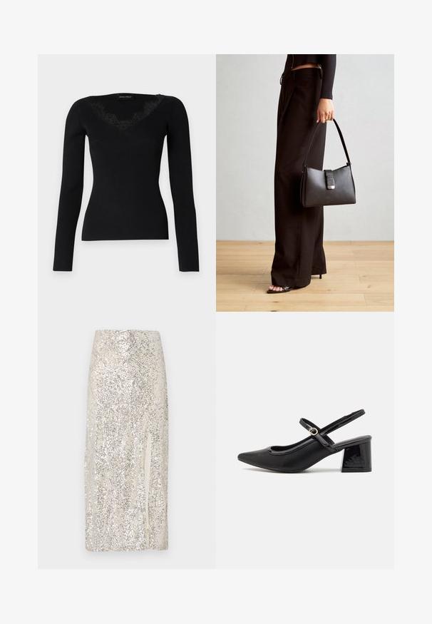 Juodas ilgas rankovės lygus viršus su V formos iškirpte ir nėrinių detalėmis. Audinio tekstūra atrodo lygi ir prigludusi, tinkama sluoksniams.; Kreminė midi sijonas su blizgančiomis detalėmis ir viena šone esančia iškirpte. Pasižymi lygiu tekstūru ir prigludusia siluetu.; Juodi patentinio odos slingback aukštakulniai su smailiu pirštu, apvaliu išpjovimu ir blokiniu kulnu. Papuošti auksiniu juostos akcentu.; Juodas rankinė struktūrizuota forma, lygi tekstūra ir metalinis užsegimas. Suporuota su plačiomis juodomis kelnėmis ir atvirais bateliais ant medinių grindų.