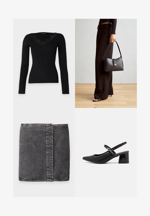 Černý dlouhý rukáv ribbovaný top s výstřihem do V a krajkovými detaily. Tkanina má hladkou a přiléhavou texturu, ideální pro vrstvené outfity.; Tmavě šedá džínová sukně s rovný střih, viditelné švy podél bočních švů a surový lem na dolním okraji.; Černé lakované lodičky s otevřenou patou, špičatou špičkou, zaobleným střihem a blokovým podpatkem. Zdobené akcentem v zlatém tónu.; Černá kabelka se strukturovaným tvarem, hladkým povrchem a kovovým uzávěrem. Kombinována s širokými černými kalhotami a sandály s otevřenou špičkou na dřevěné podlaze.