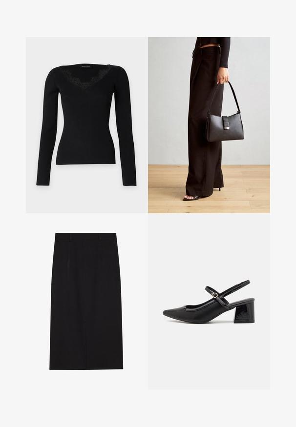 Zwarte langemouwen rib gebreide top met een V-hals en kanten accenten. De stof voelt glad en aansluitend aan, geschikt voor gelaagde looks.; Zwarte kokerrok tot de knie gemaakt van een soepele stof. Heeft een strak ontwerp met twee voornaaden en een verborgen rits aan de achterkant.; Zwarte gepolijste leren slingback hakken met een spitse neus, een ronde uitsnede en een blokhak. Voorzien van een gouden gespaccent.; Zwarte handtas met gestructureerde vorm, gladde textuur en een metalen sluiting. Gecombineerd met brede zwarte broeken en sandalen met open teen op een houten vloer.