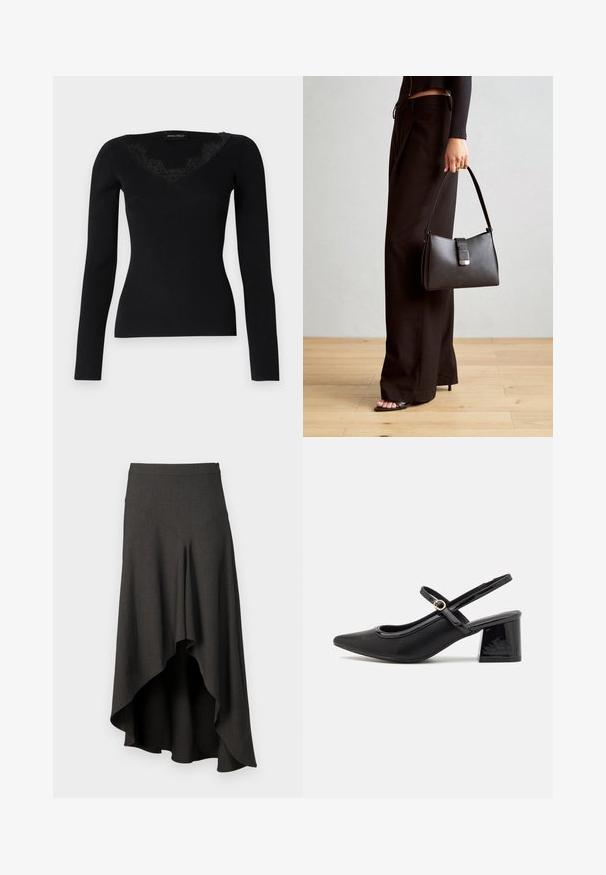 Black long-sleeve ribbed top featuring a V-neck with lace accents. Fabric texture appears smooth and fitted, suitable for layered looks.; Dark gray, high-waisted skirt with an asymmetric hemline. Made of smooth fabric, featuring a subtle texture and clean silhouette. Zipper closure.; Black patent leather slingback heels with a pointed toe, a rounded cutout design, and a block heel. Features a gold-tone buckle accent.; Black handbag with structured shape, smooth texture, and a metallic clasp. Paired with wide black pants and open-toe sandals on wooden floor.