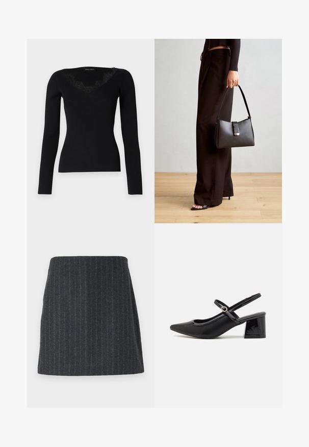 Melnas garām piedurknēm ribota blūze ar V-veida kakla izgriezumu un mežģīņu akcentiem. Auduma faktūra izskatās gluda un pieguļoša, piemērota slāņu veidošanai.; Tumši pelēks mini svārku, izgatavots no tekstūrēta auduma ar vertikālām svītrām. Taisns griezums ar elastīgu jostu un gludu virsmu.; Melns patentēts ādas sandales ar norādīta pirksta formu, noapaļotu izgriezuma dizainu un bloķētu papēdi. Iezīmēta ar zelta toņa sprādzi.; Melnā somiņa ar strukturētu formu, gludu tekstūru un metālu sprādzi. Saskaņota ar platām melnām biksēm un sandālēm ar atvērtu purngalu uz koka grīdas.