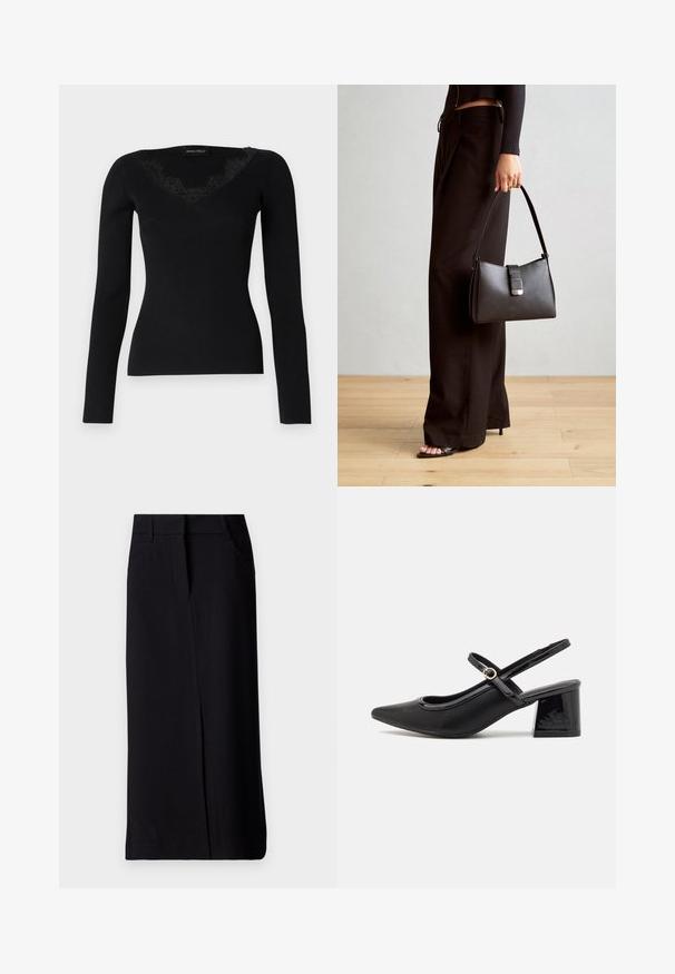 Črna dolga majica z rebrastim vzorcem in V-izrezom z čipkastimi detajli. Tekstura tkanine se zdi gladka in oprijeta, primerna za plaste.; Črna dolga krila iz tkanine z gladko teksturo. Ima sprednji razporek in dva stranska žepa. Klasična zasnova z oprijetim pasom.; Črne patentne usnjene salonarce s slingback obliko, s koničastim nosom, zaobljenim izrezom in blok peto. Imajo zlato kovinsko zaponko kot dodatno okrasje.; Črna torbica z strukturirano obliko, gladko teksturo in kovinskim zaponko. Ujemajo se z širokimi črnimi hlačami in odprtimi sandali na lesenem tleh.