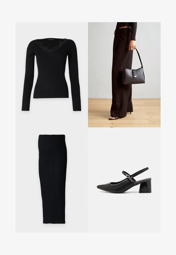 Črna dolga majica z rebrastim vzorcem in V-izrezom z čipkastimi detajli. Tekstura tkanine se zdi gladka in oprijeta, primerna za plaste.; Črna rebrasta midi krila z oprijetim silhueto, ki ima vertikalne črte za teksturo. Narejeno iz raztegljive tkanine za udobje.; Črne patentne usnjene salonarce s slingback obliko, s koničastim nosom, zaobljenim izrezom in blok peto. Imajo zlato kovinsko zaponko kot dodatno okrasje.; Črna torbica z strukturirano obliko, gladko teksturo in kovinskim zaponko. Ujemajo se z širokimi črnimi hlačami in odprtimi sandali na lesenem tleh.