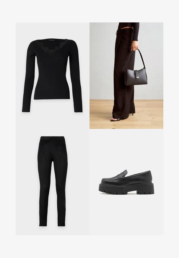 Black long-sleeve ribbed top featuring a V-neck with lace accents. Fabric texture appears smooth and fitted, suitable for layered looks.; Black leggings made of soft, stretchy fabric, featuring a high waistband and a slim fit. Smooth texture with no visible patterns or embellishments.; Black leather loafers with a low, chunky rubber sole, stitched detailing on the upper, and a smooth texture.; Black handbag with structured shape, smooth texture, and a metallic clasp. Paired with wide black pants and open-toe sandals on wooden floor.