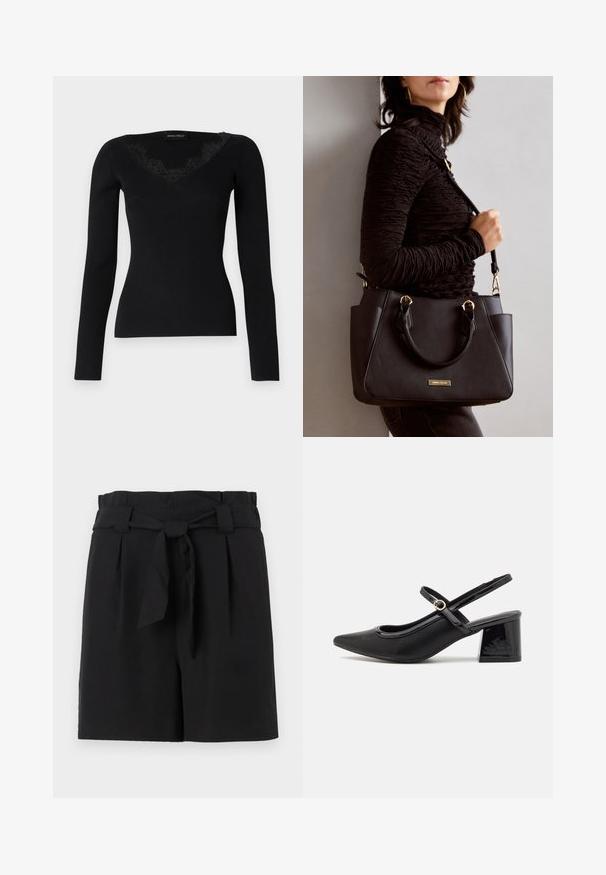 Sort langærmet ribbet top med en V-hals og blonde detaljer. Stofteksturen fremstår glat og tætsiddende, velegnet til lag-på-lag looks.; Sorte skræddersyede shorts med høj talje, der har et bundet bælte, draperinger og en glat stofstruktur.; Sorte patentlæder slingback hæle med spids tå, rund udskæring og blokhæl. Har en guldtonet spændeaccents.; Sort håndtaske med struktureret overflade, dobbelt topbærere og justerbar skulderrem. Udstyret med guldfarvet metalhardware og sidelommer.