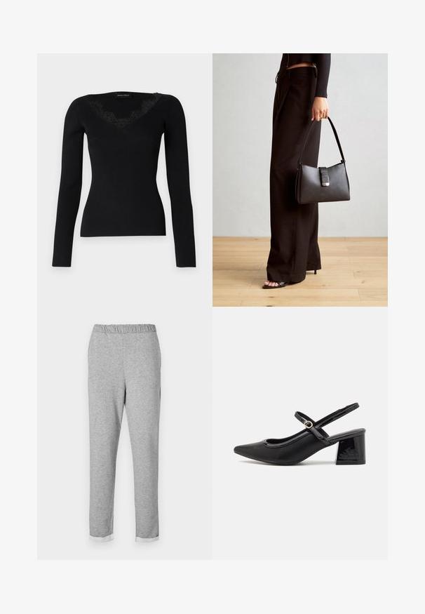 Mustmust pikkade varrukatega ribatud topp, millel on V-kujuline kaelus pitsaktsentidega. Kanga tekstuur tundub siledana ja liibuvalt, sobides kihilise välimuse jaoks.; Halli hallid, millel on elastne vöökoht, kitsenev jalgade disain ja volditud ääred. Pehme tekstuur ilma nähtavate mustrite või aktsentideta.; Mustad läikivad nahast slingback-kõrged kontsad, millel on terav nina, ümar lõikekujundus ja blokknina. Omab kuldset nupu aktsenti.; Must musta kott, millel on struktureeritud kuju, sile tekstuur ja metallist klamber. Kombineeritud laiate mustade pükstega ja avatud varvaste sandaalidega puidust põrandal.