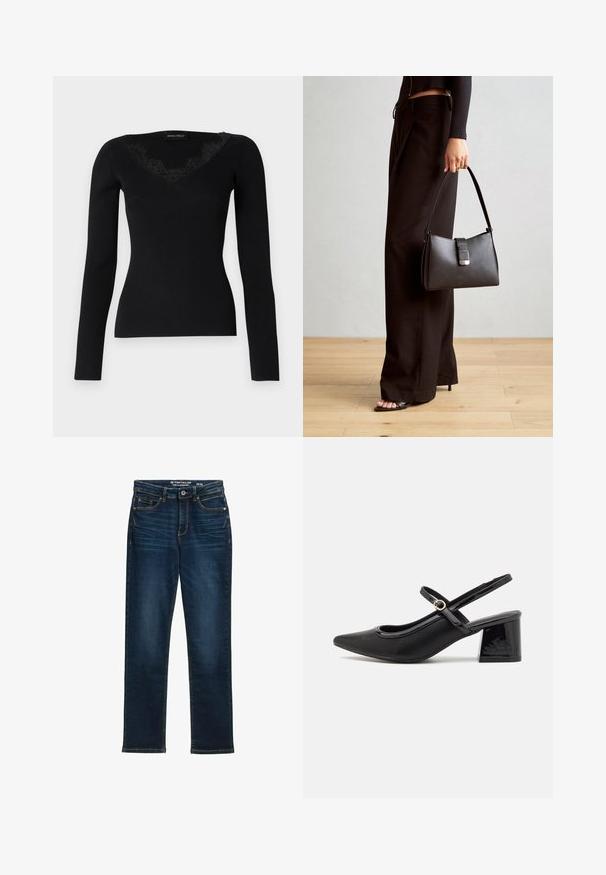 Črna dolga majica z rebrastim vzorcem in V-izrezom z čipkastimi detajli. Tekstura tkanine se zdi gladka in oprijeta, primerna za plaste.; Temno modri ravni jeansi iz denima, ki imajo pet žepov, kovinsko zapiranje na gumb in kontrastno šivanje. Brez vidnih poškodb.; Črne patentne usnjene salonarce s slingback obliko, s koničastim nosom, zaobljenim izrezom in blok peto. Imajo zlato kovinsko zaponko kot dodatno okrasje.; Črna torbica z strukturirano obliko, gladko teksturo in kovinskim zaponko. Ujemajo se z širokimi črnimi hlačami in odprtimi sandali na lesenem tleh.