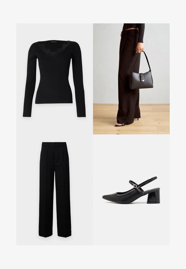 Czarna, długosleeve'owa bluzka z ribbed, z dekoltem w kształcie litery V z koronkowymi akcentami. Tekstura materiału wydaje się gładka i dopasowana, idealna do warstwowych stylizacji.; Czarne spodnie o szerokich nogawkach z gładką teksturą, z płaskim przodem, zakładkami i dopasowanym paskiem w talii. Brak widocznych elementów metalowych i wzorów.; Czarne lakierowane czółenka na słupku ze spiczastym noskiem, lekko zaokrąglonym wycięciem i obcasem w kształcie bloku. Posiadają złotą klamrę jako akcent dekoracyjny.; Czarna torebka o usztywnionym kształcie, gładkiej fakturze i metalowym zapięciem. Połączona z szerokimi czarnymi spodniami i sandałami na otwartym palcu na drewnianej podłodze.
