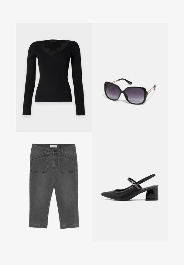 Črna dolga majica z rebrastim vzorcem in V-izrezom z čipkastimi detajli. Tekstura tkanine se zdi gladka in oprijeta, primerna za plaste.; Sive denim capri hlače s prilagojenim oblikovanjem, ki vključujejo sprednje žepe, gumbasto zapiranje in nekoliko postarano teksturo.; Črne patentne usnjene salonarce s slingback obliko, s koničastim nosom, zaobljenim izrezom in blok peto. Imajo zlato kovinsko zaponko kot dodatno okrasje.; Črne prevelike sončne očala z degradacijskimi lečami, debelimi okvirji in zlatimi verižicami na ročajih.; Črna torbica z strukturirano obliko, gladko teksturo in kovinskim zaponko. Ujemajo se z širokimi črnimi hlačami in odprtimi sandali na lesenem tleh.